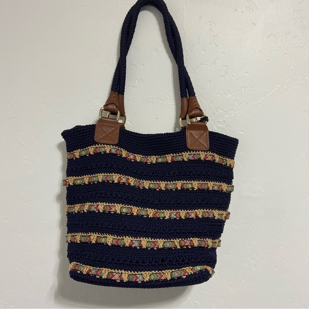 The Sak Navy Striped Aztec Southwestern Shoulder Bag Tote Purse